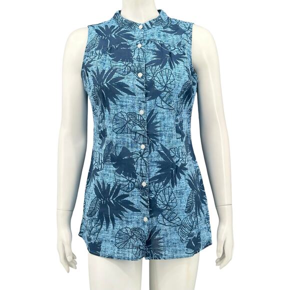 Columbia Top Womens XS Blue Button Up Sleeveless Leaves Tropical Lightweight - Picture 1 of 9